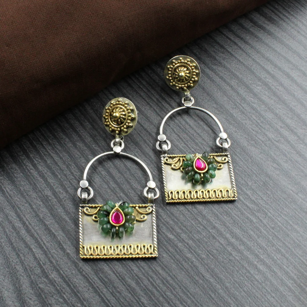 Jaipury style rectangle shaped Natural Emerald Jhumka with two tone made in 925 Silver