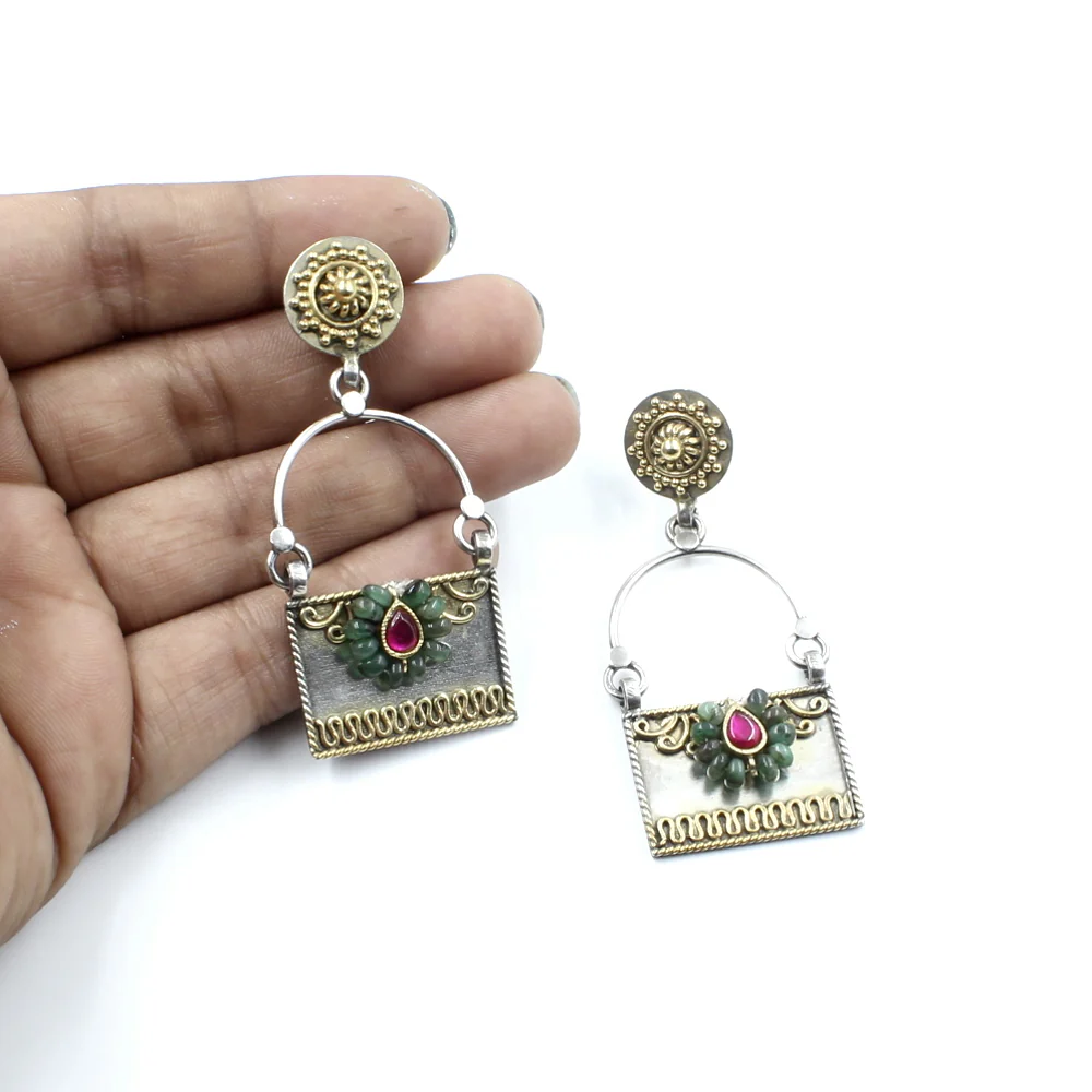 Jaipury style rectangle shaped Natural Emerald Jhumka with two tone made in 925 Silver - Image 3