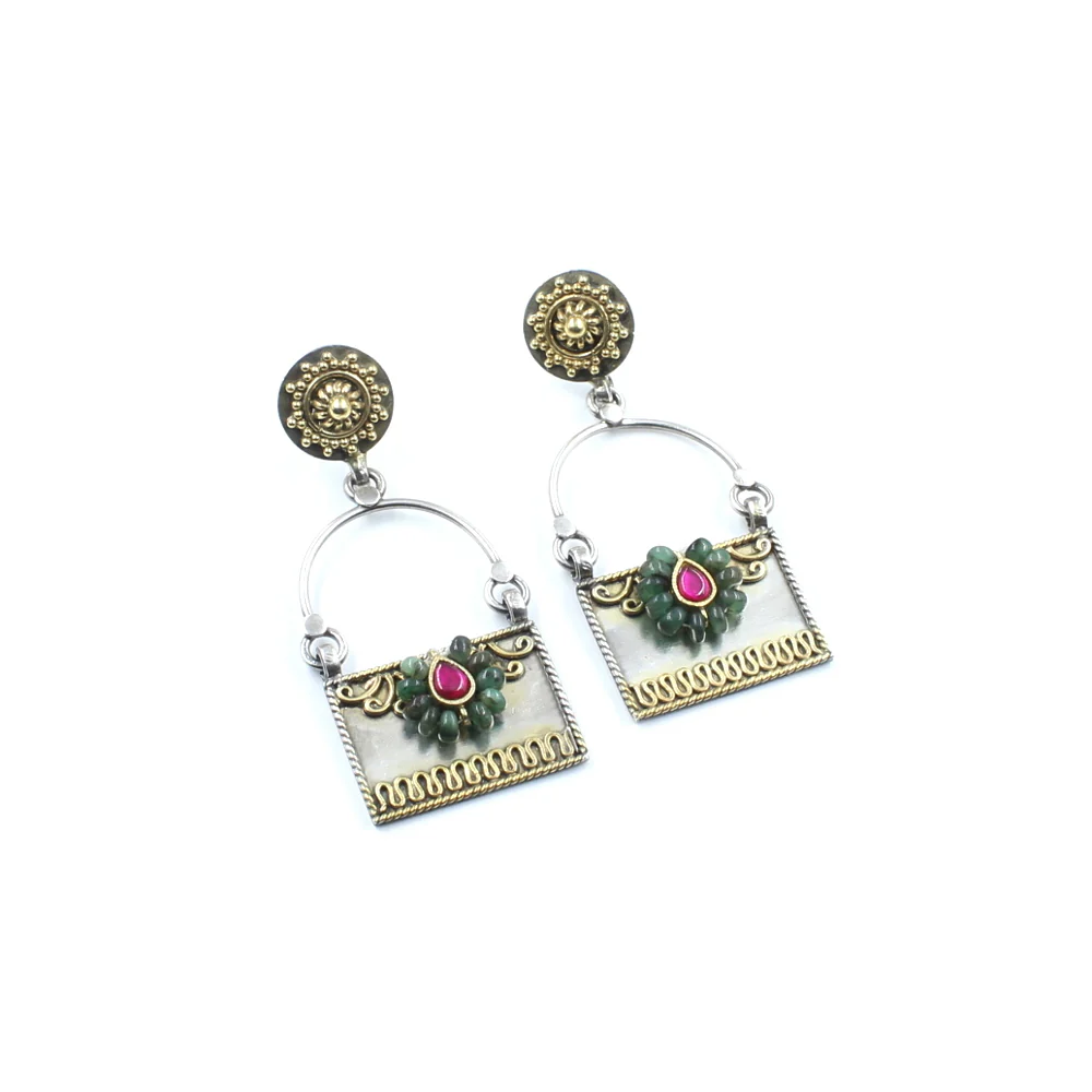 Jaipury style rectangle shaped Natural Emerald Jhumka with two tone made in 925 Silver - Image 4