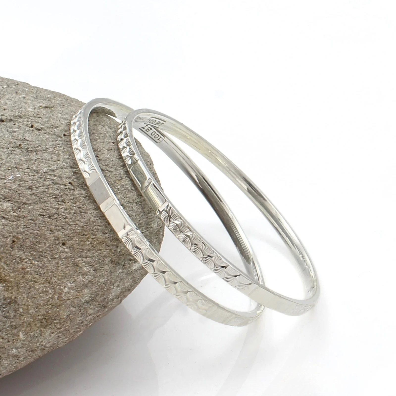 Laser Engraving 999 Pure Silver Women Bangles Bracelet (Kangan) Pair - 5.8 CM