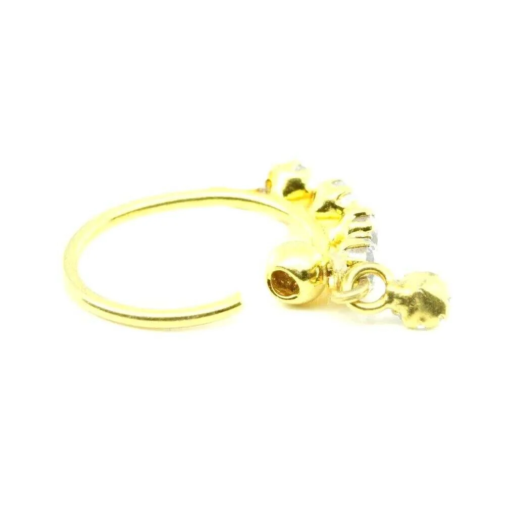 Lovely 5 White CZ With Dangle Studded Nose Hoop Ring 14k Solid Yellow Gold 22g - Image 3