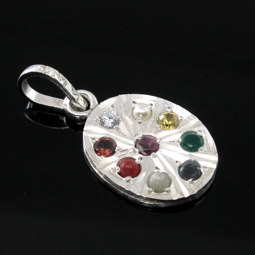Navratan Multi Gemstones Studded Silver Pendant - Image 3