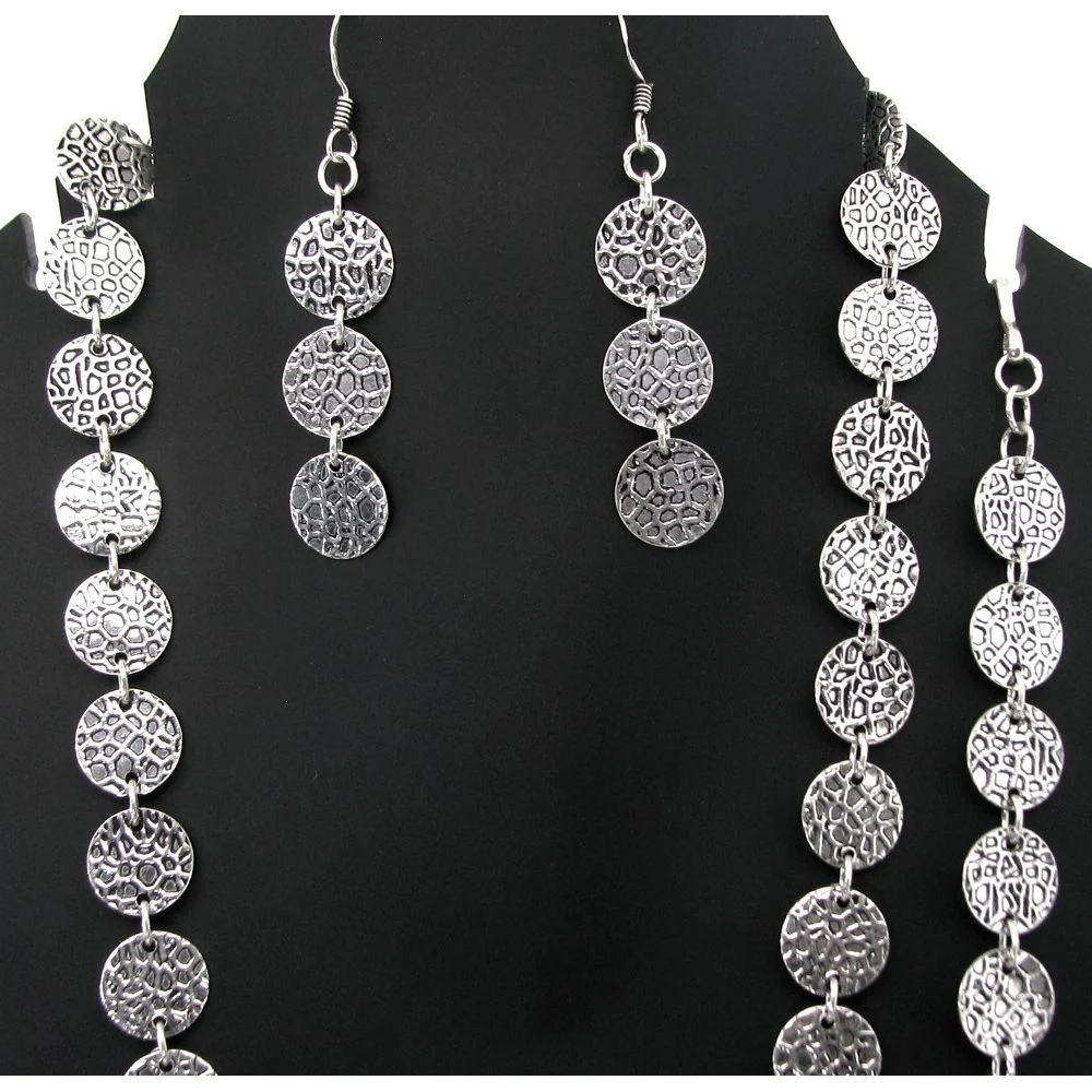 Oxidized Finish Solid Real .925 Sterling SILVER Earrings Coin Necklace Bracelet Set - Image 3