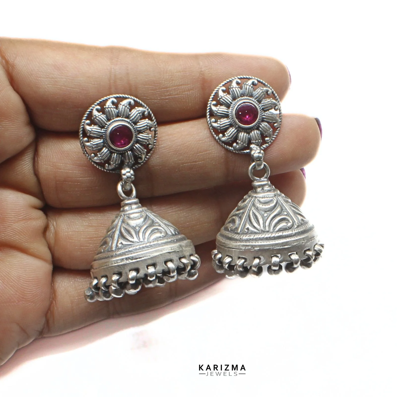 Rani Pink Stone 925 Sterling Silver Oxidized Handcrafted women Earrings - Image 3