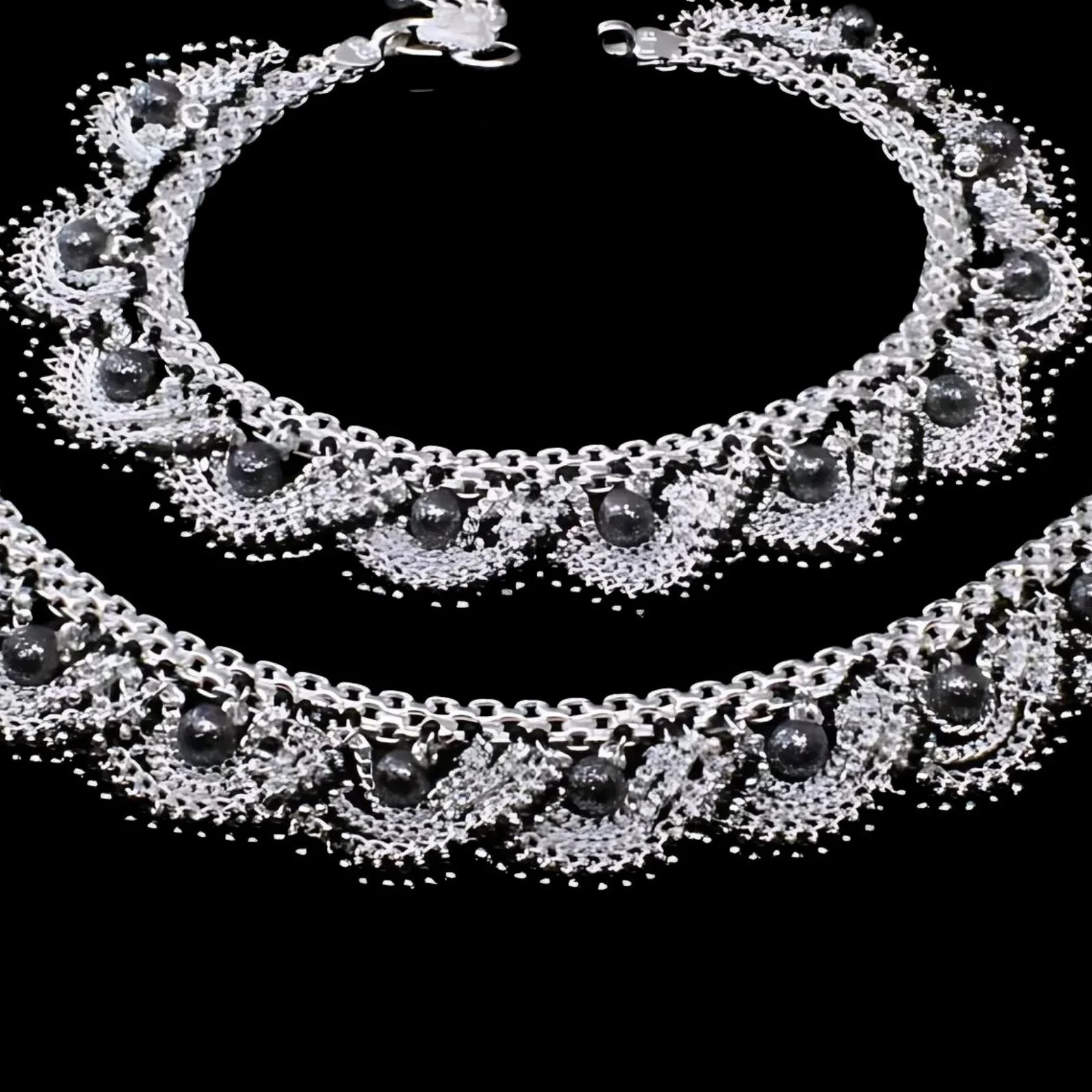 Real 925 Silver Black Beads Bridal Anklets Ankle chain Bracelet Pair 10.5" - Image 4