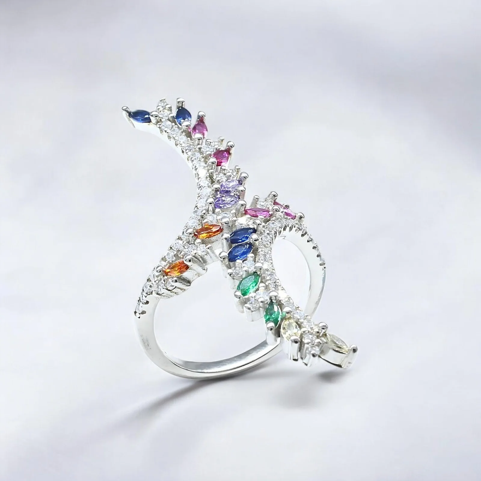 Real 925 Silver Multi-CZ Big  Statement Wedding Cocktail Ring - Image 2
