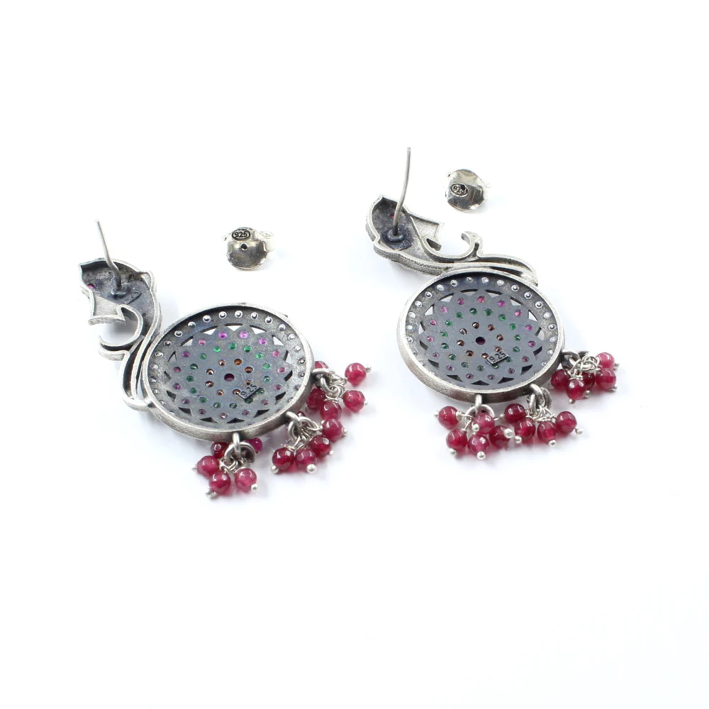 Real 925 Sterling Silver Fish Design Oxidized Kundan Earrings - Image 4