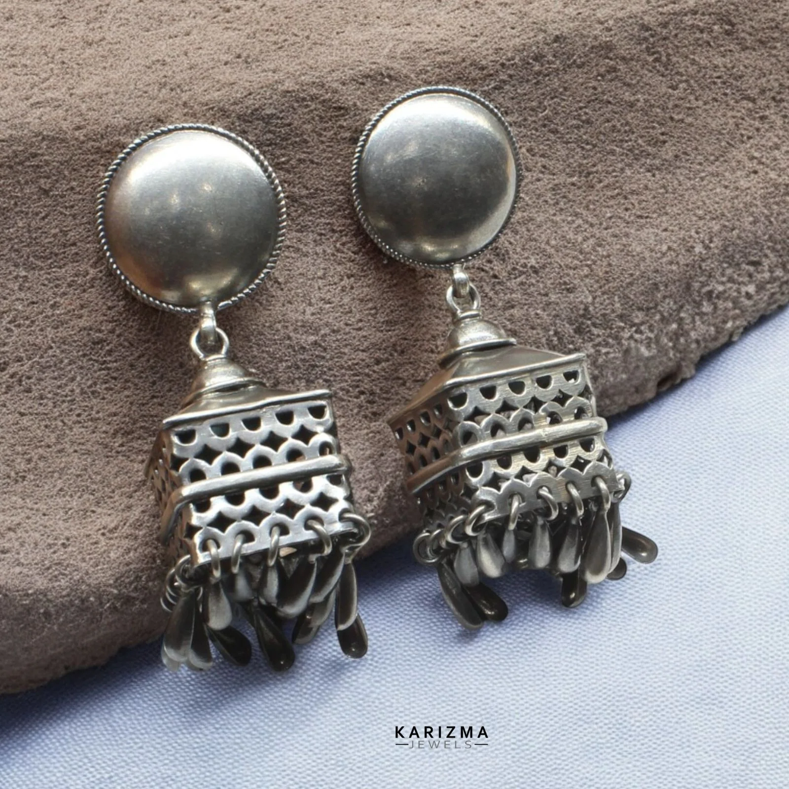 Real 925 Sterling Silver Oxidized Boho Style Statement Drop Jhumka Women Earrings - Image 2