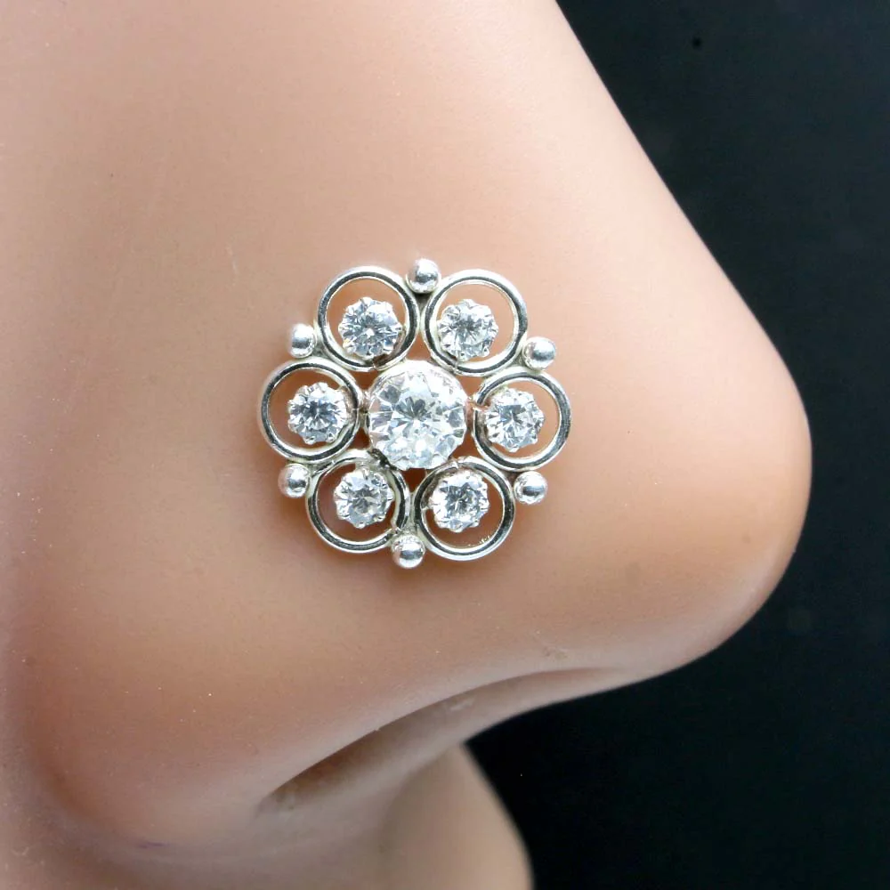 Floral White CZ Flower Silver Nose Pin