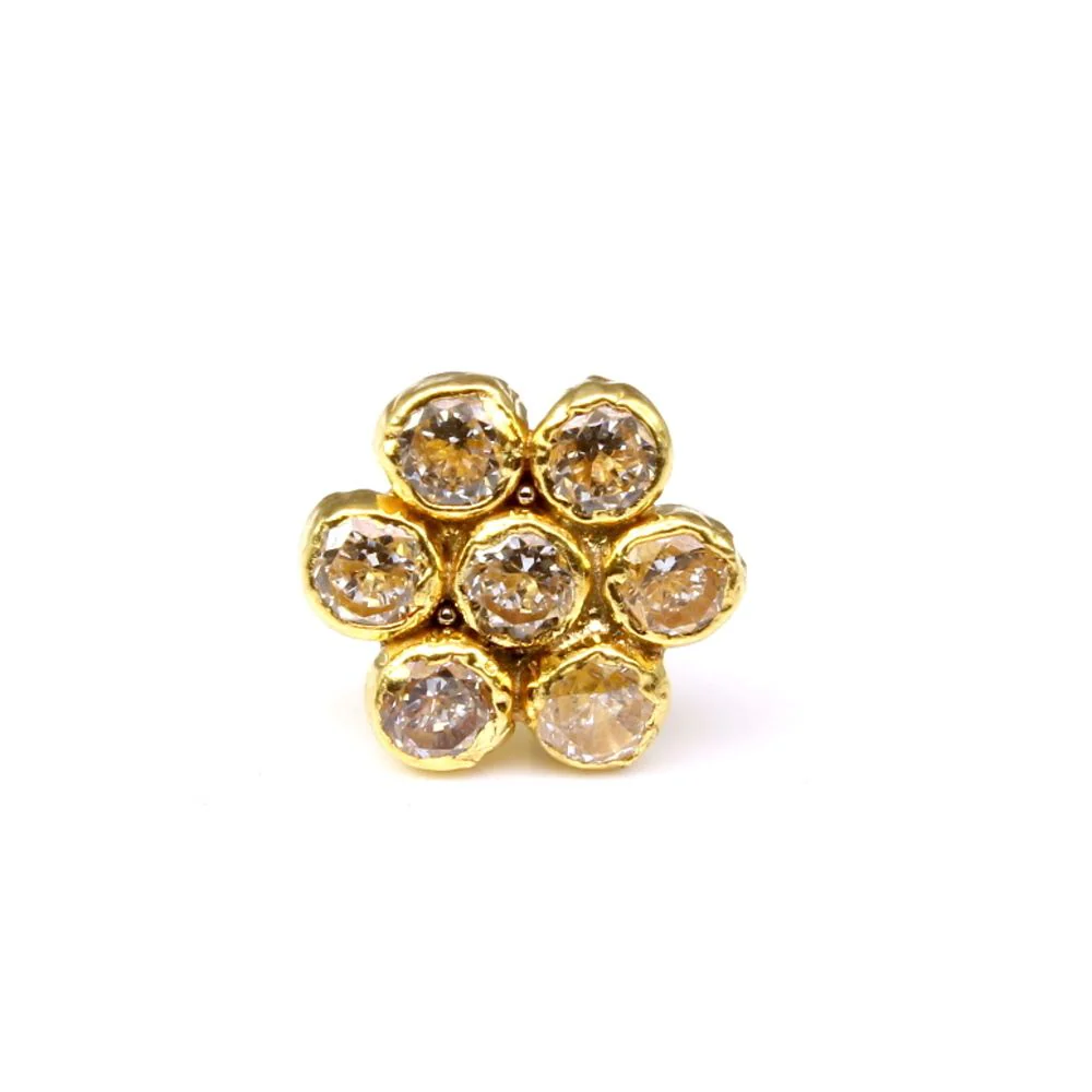 Real Gold Floral Nose stud 14K White CZ Indian piercing nose ring Push Pin - Image 2