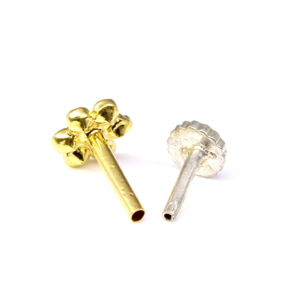 Real Gold Floral Nose stud 14K White CZ Indian piercing nose ring Push Pin - Image 3