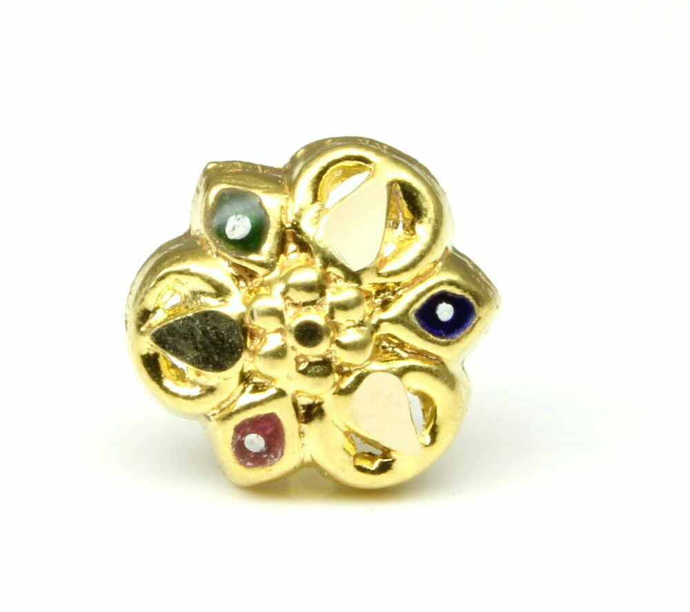 Real Gold Nose stud 14K Ethnic Indian piercing nose ring Push Pin - Image 2