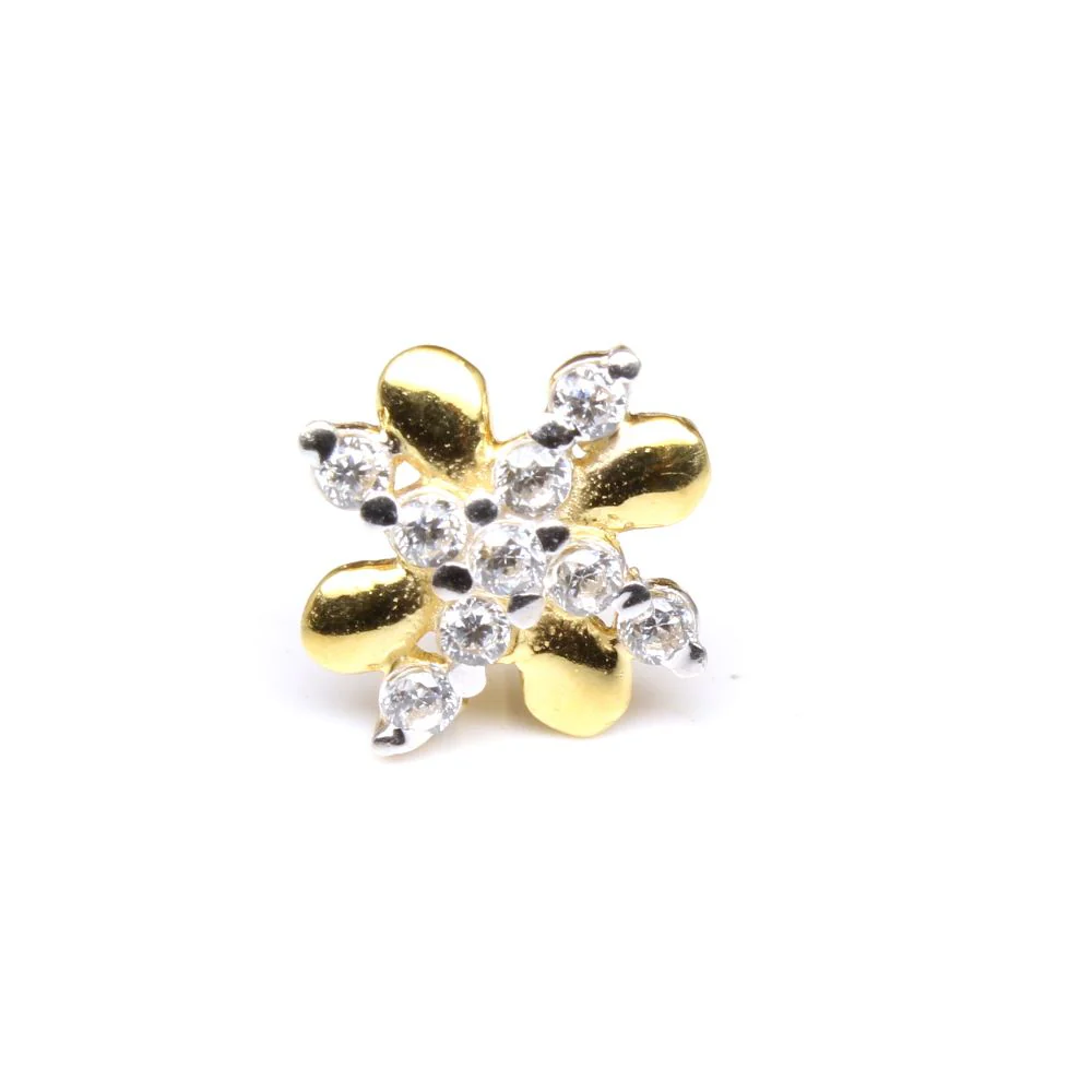 Real Gold White CZ Nose Stud Nose Pin Solid 14k Yellow Gold - Image 2