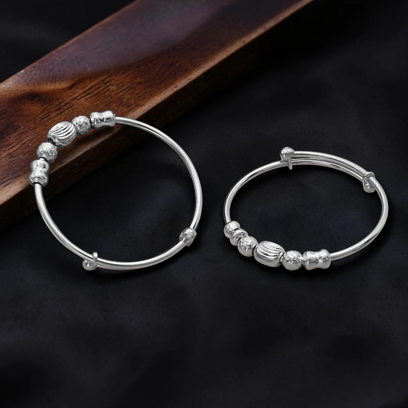 Real Silver Beaded Kids Bangles - Pair - Image 3