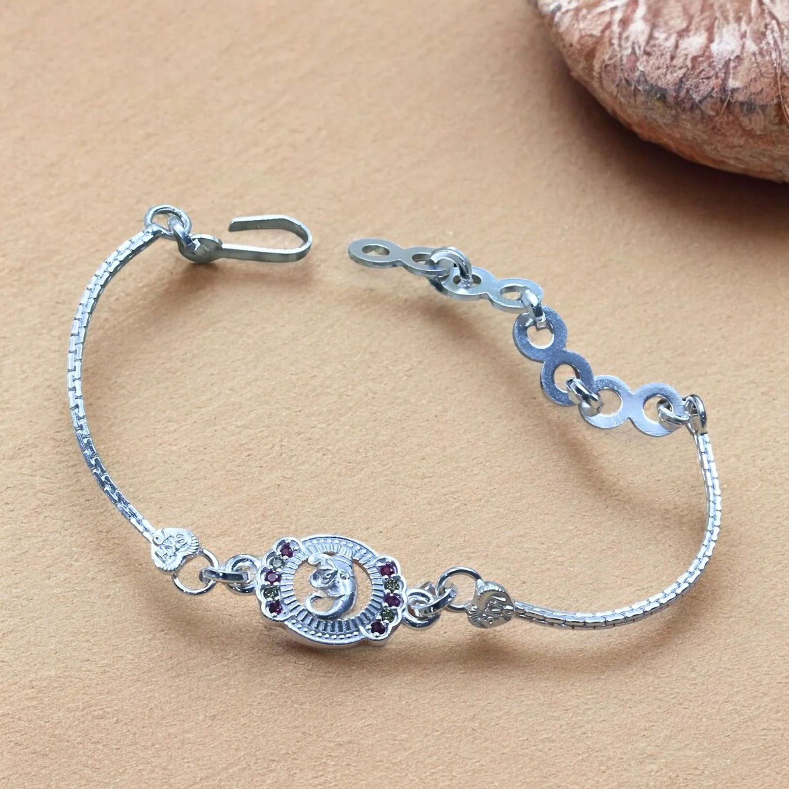 Real Silver Bracelet Multi CZ Ganesha Rakhi 5.8"