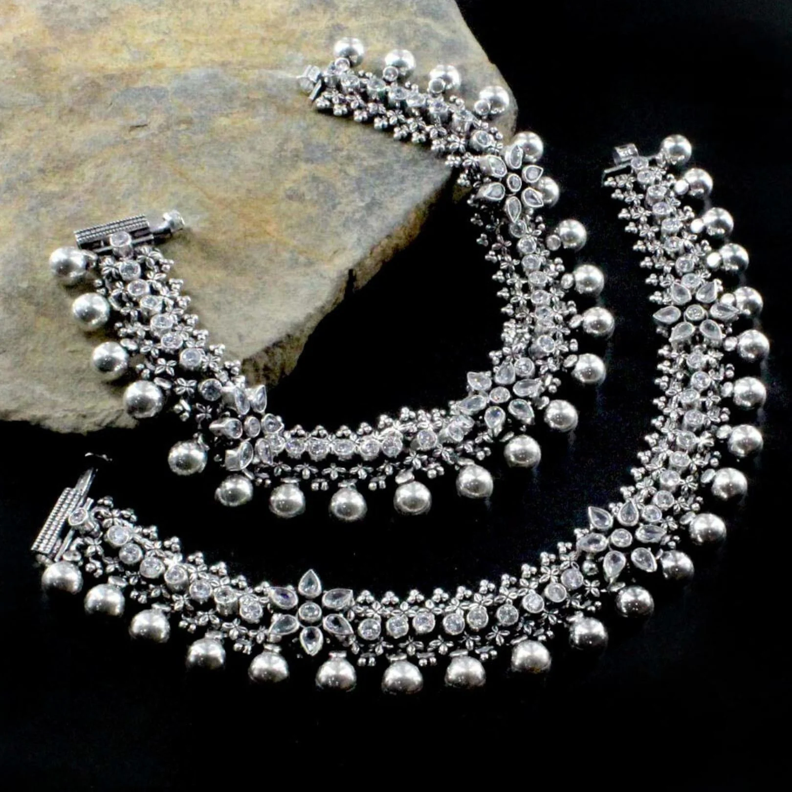 Real Silver CZ Oxidized Bridal Style Anklets for Women – 10 Inch Pair