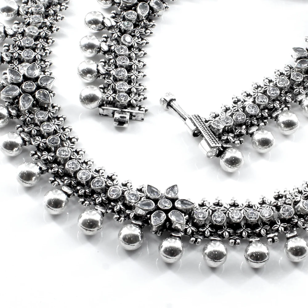 Real Silver CZ Oxidized Bridal Style Anklets for Women – 10 Inch Pair - Image 5