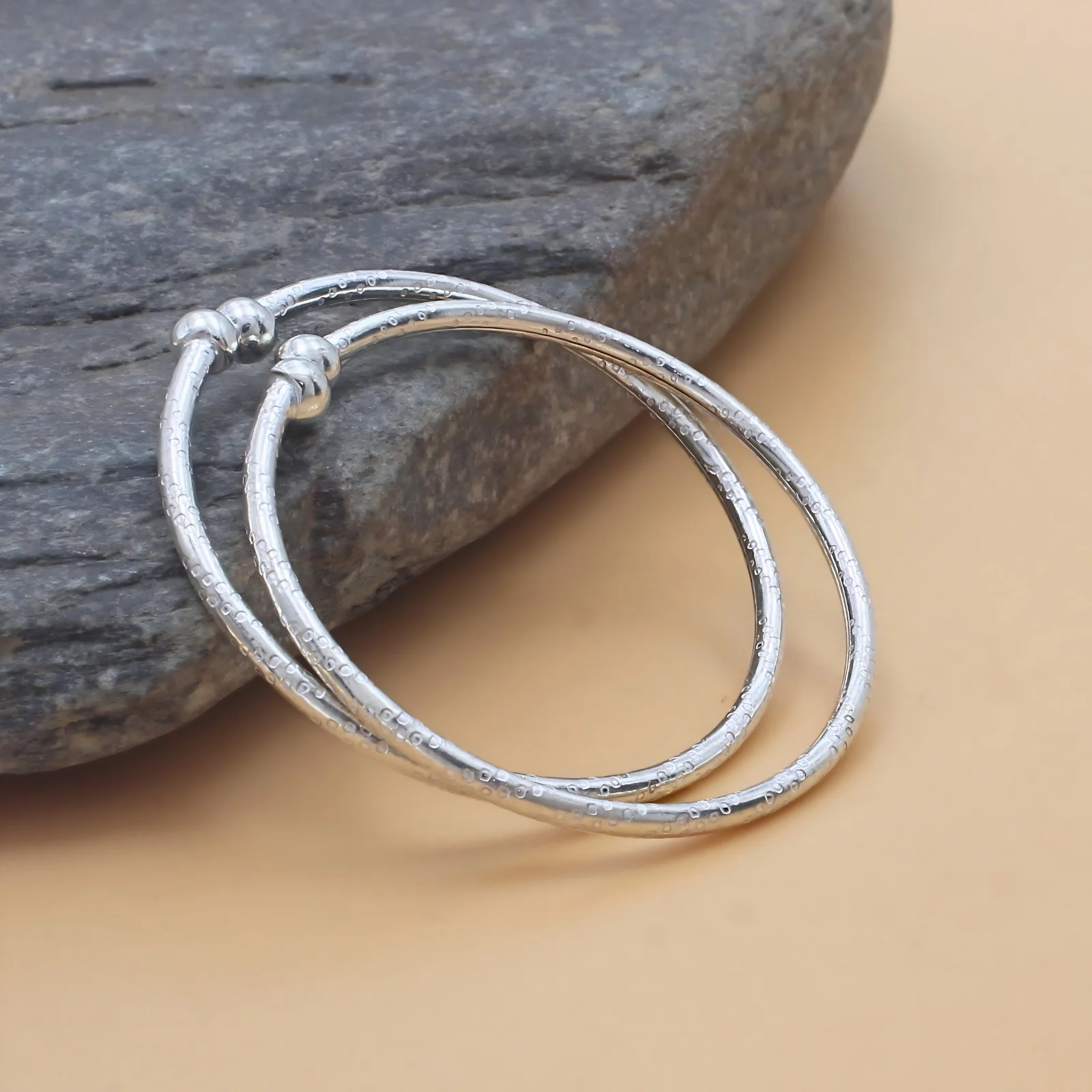 Real Silver Designer Open-Cuff Baby Bangles - Pair - Image 2