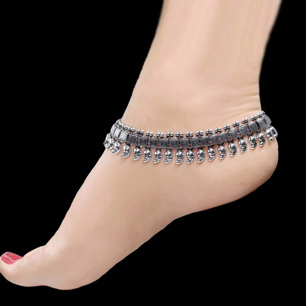 Indian Designer Bridal Oxidized Silver Anklets for Women – 10.5" - Image 3