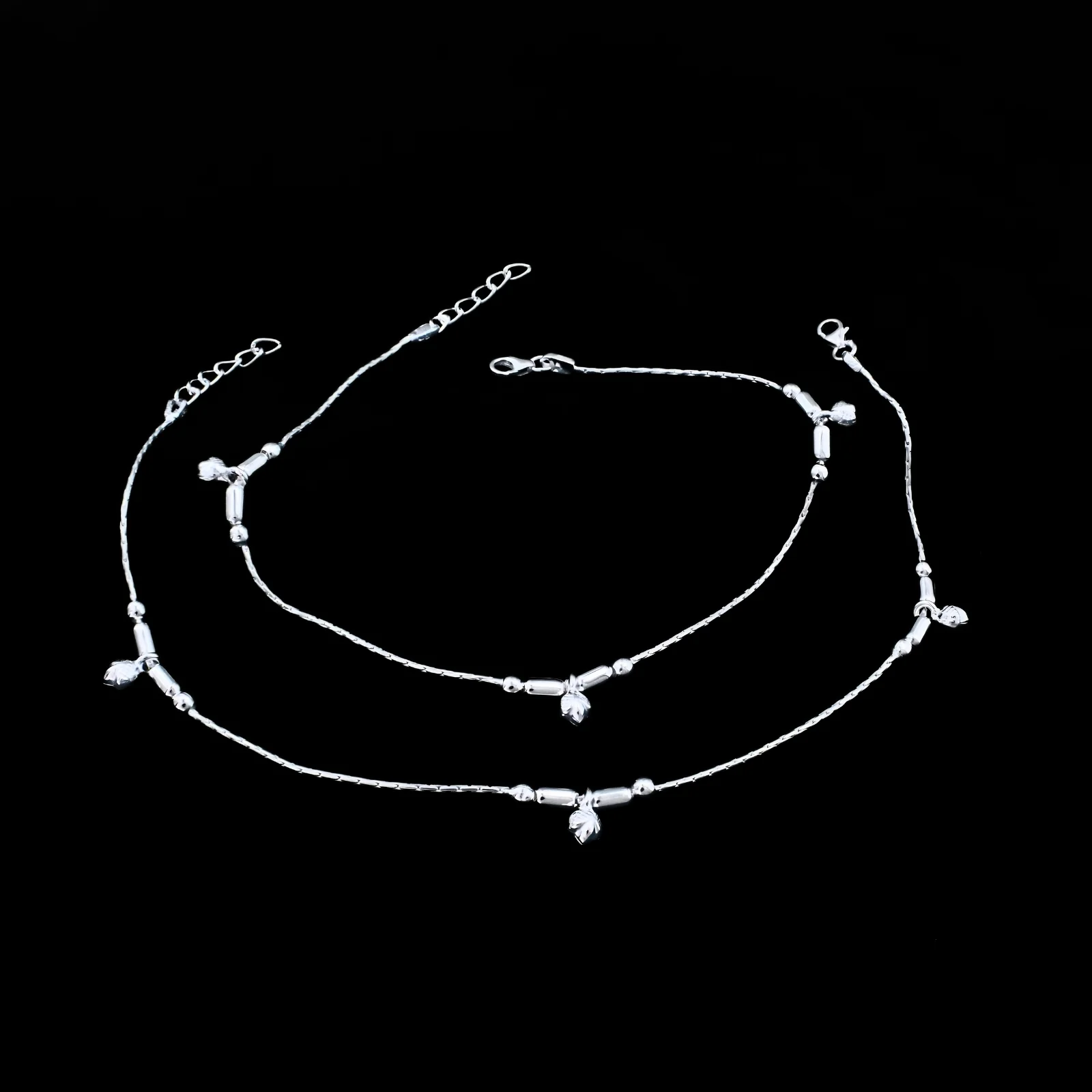 Real Silver Leaf Charm Beaded Anklet - Pair - Image 3