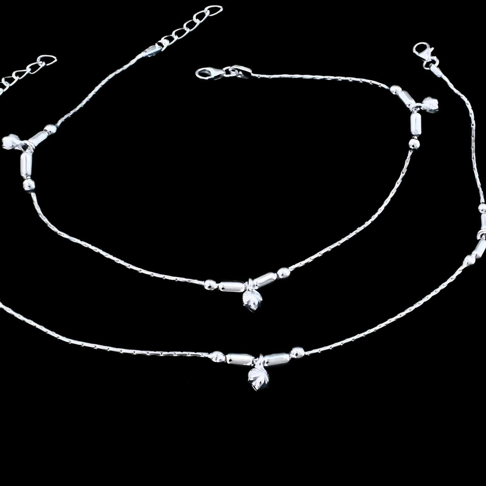 Real Silver Leaf Charm Beaded Anklet - Pair - Image 4