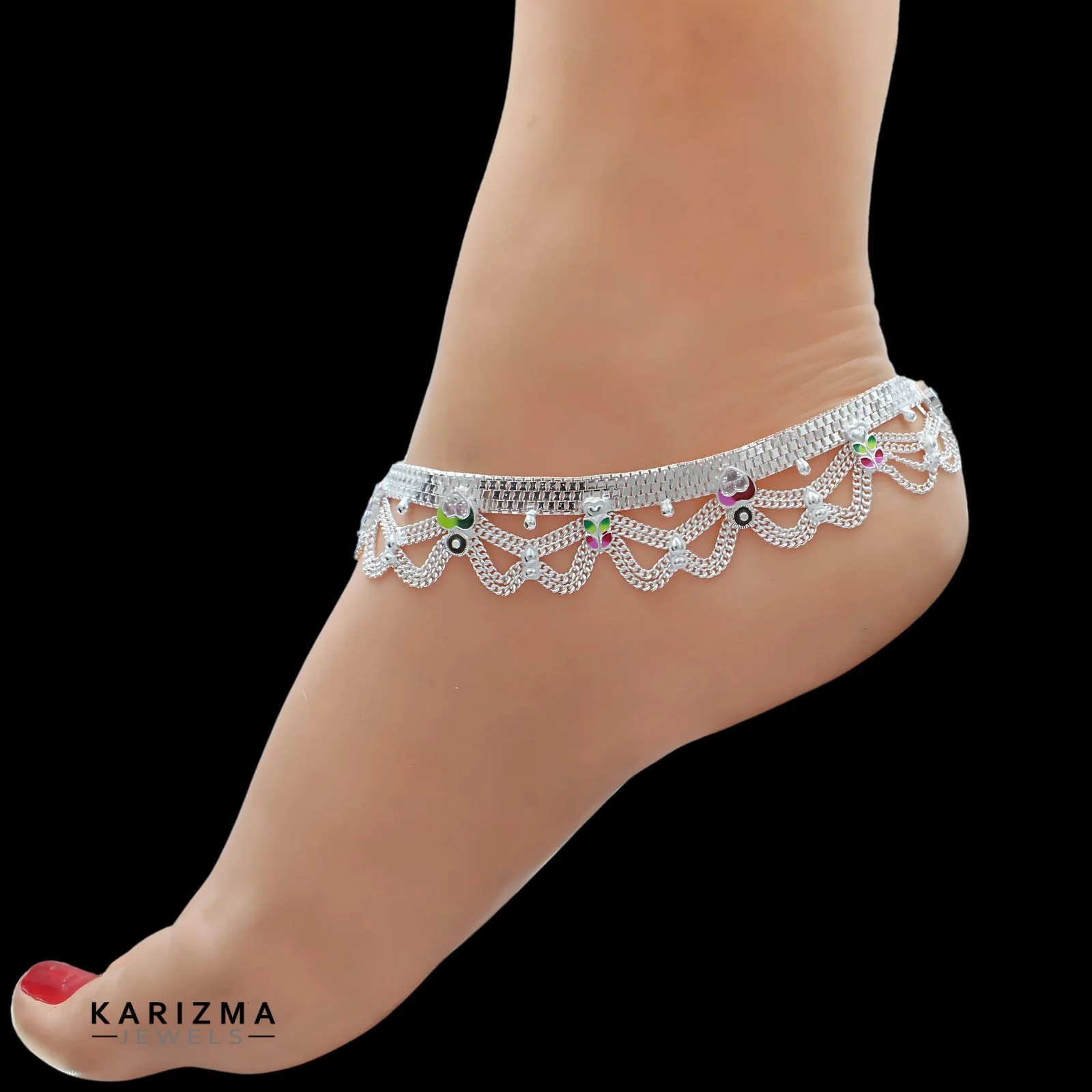 Real Sterling Silver Indian women Bridal style Pink CZ Anklet Ankle Bracelet 10.3" - Image 2