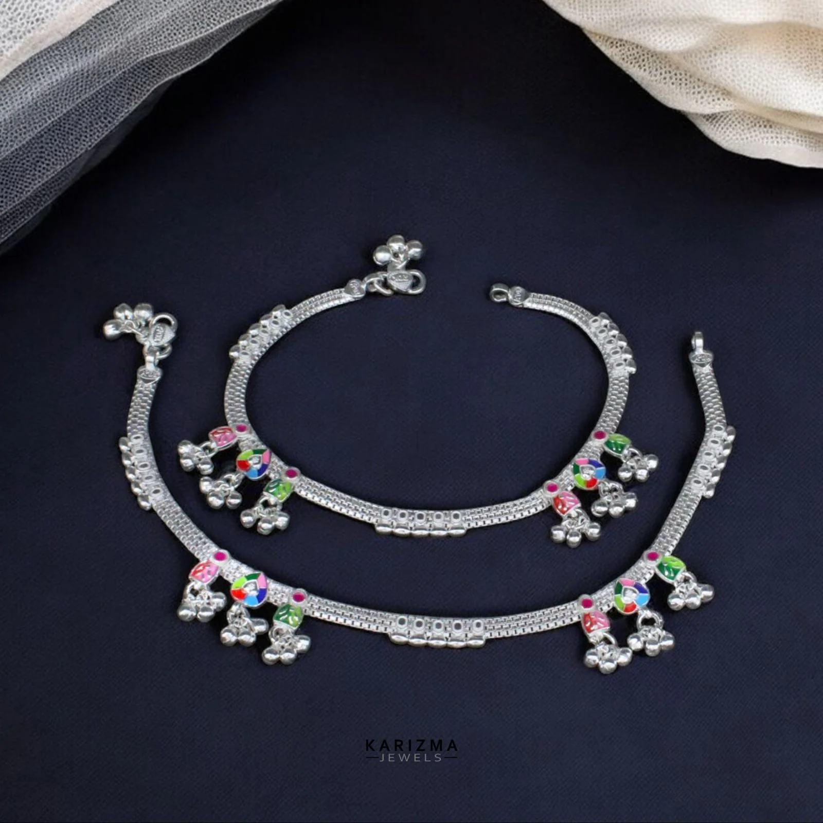 Real Sterling Silver Indian women brides collection Anklets Ankle Pair 10.3" - Image 2