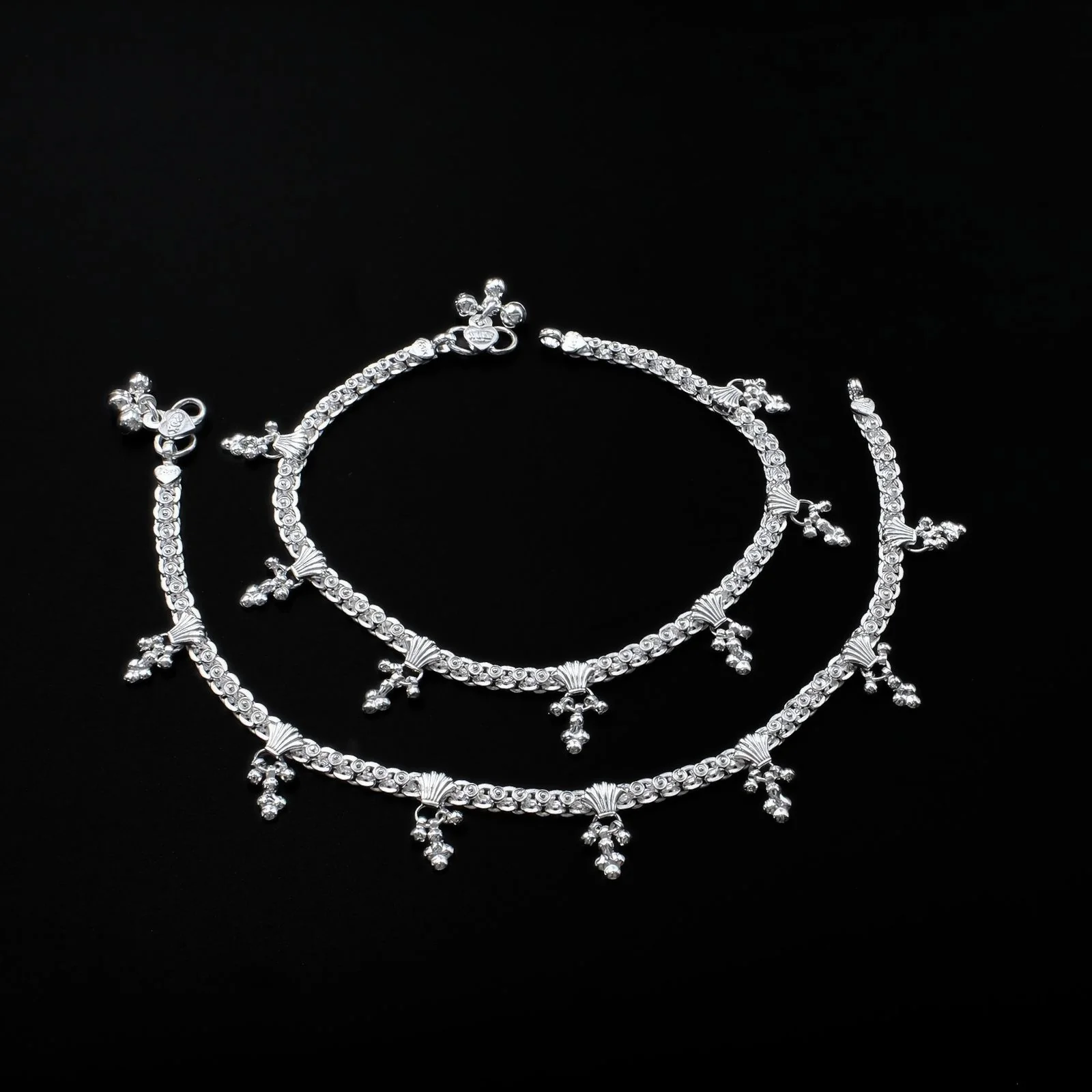 Real Sterling Silver Indian women party wear dangle Anklets Ankle Pair 10.3" - Image 3
