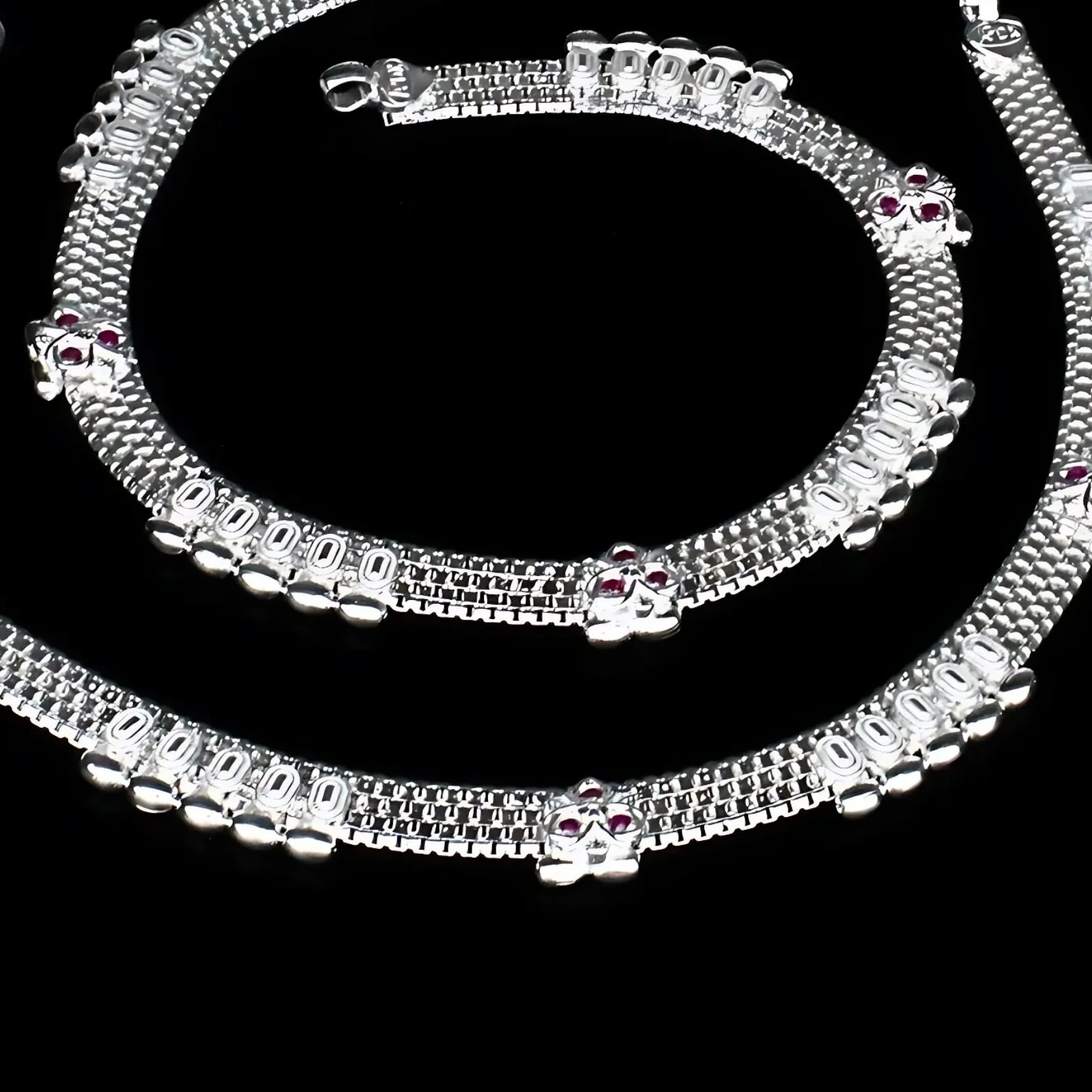Real Sterling Silver Indian women Pink CZ handmade party wear Anklet Ankle Pair 10.3" - Image 4