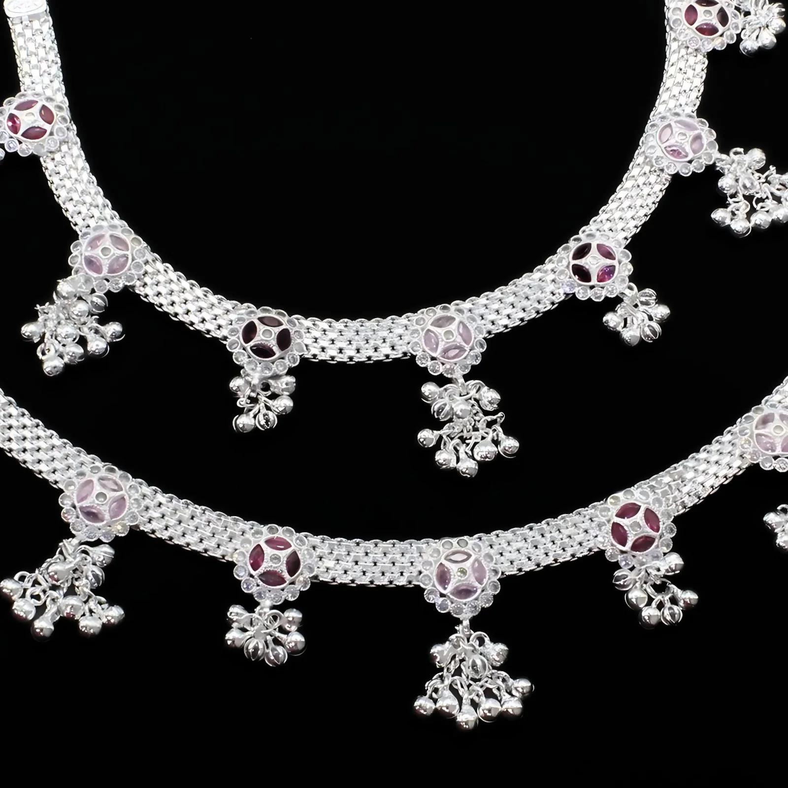 Real Sterling Silver Indian women pink white CZ Beautiful Bridle Anklets Ankle Pair 10.5" - Image 4