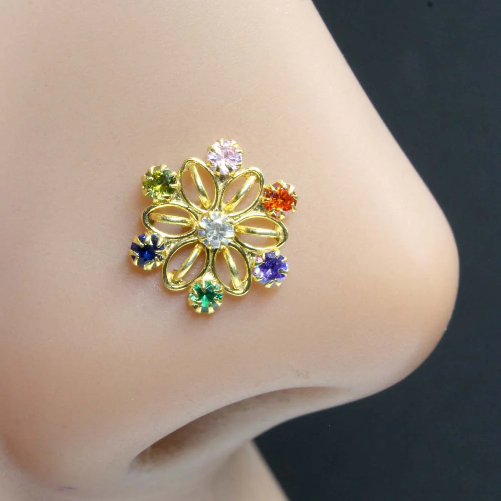 Seven Stone Gold Finish Silver Nose Pin - Image 2