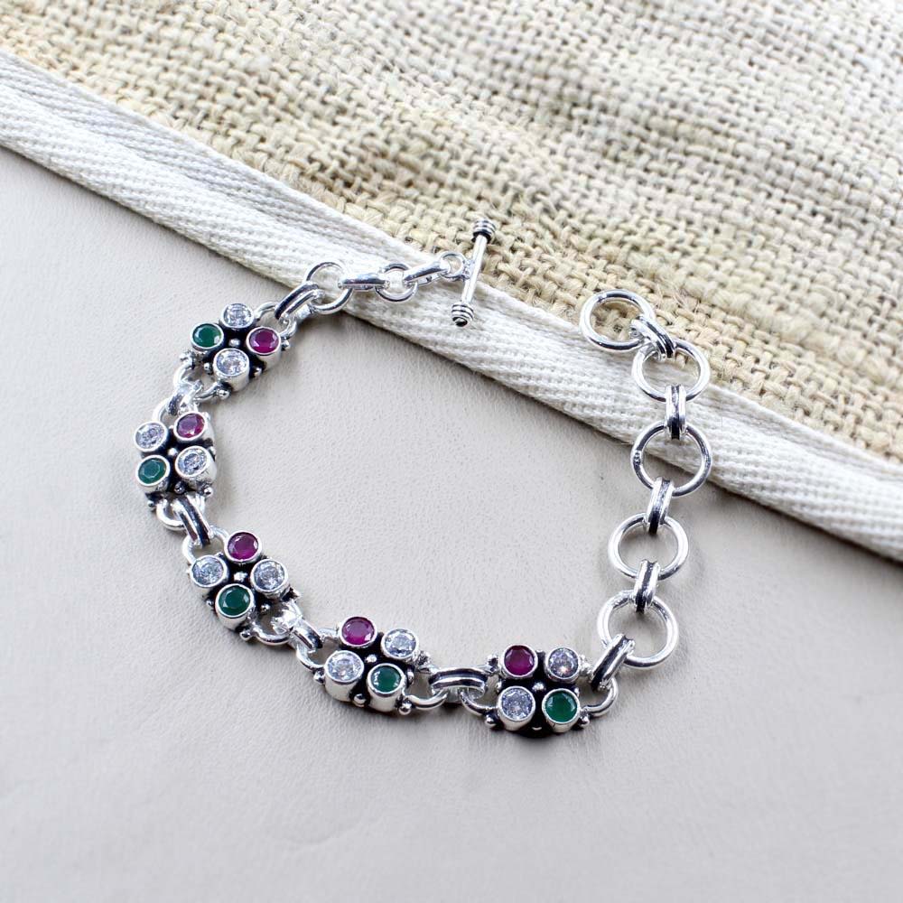 Real Sterling Silver Round Cut Stone Oxidized Bracelet Gift For Girls Women - Image 2