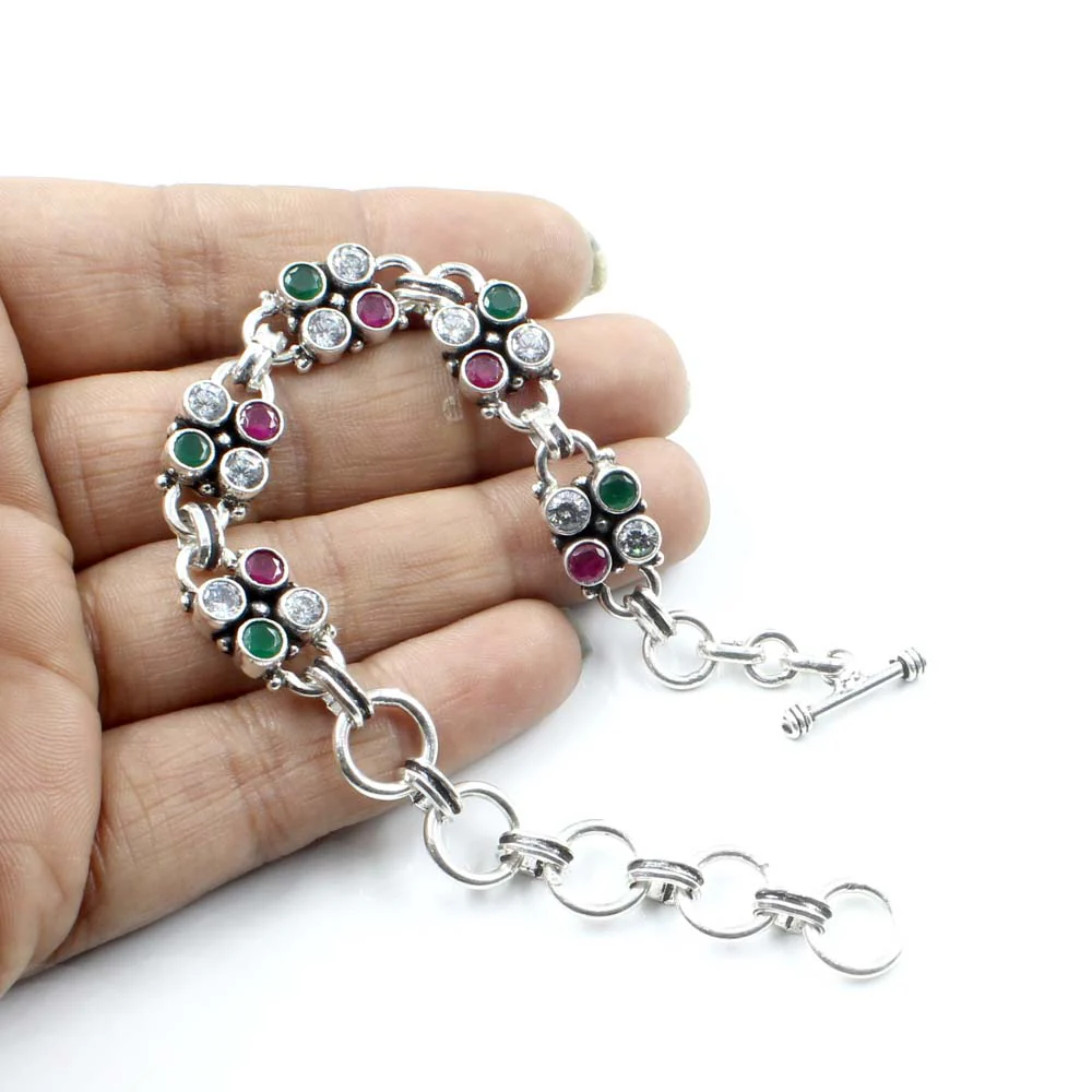 Real Sterling Silver Round Cut Stone Oxidized Bracelet Gift For Girls Women - Image 3