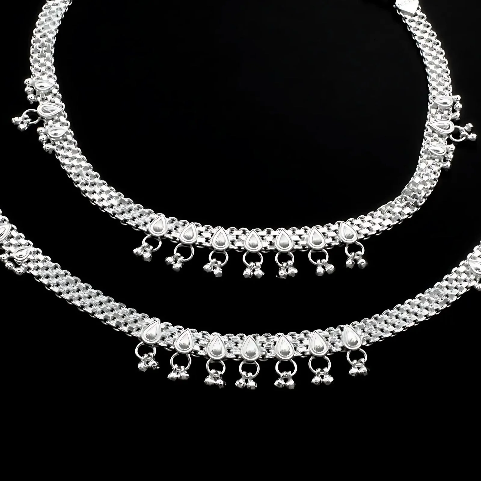 Real Sterling Silver women Indian cultural design Anklet Ankle Pair 10.3" - Image 4