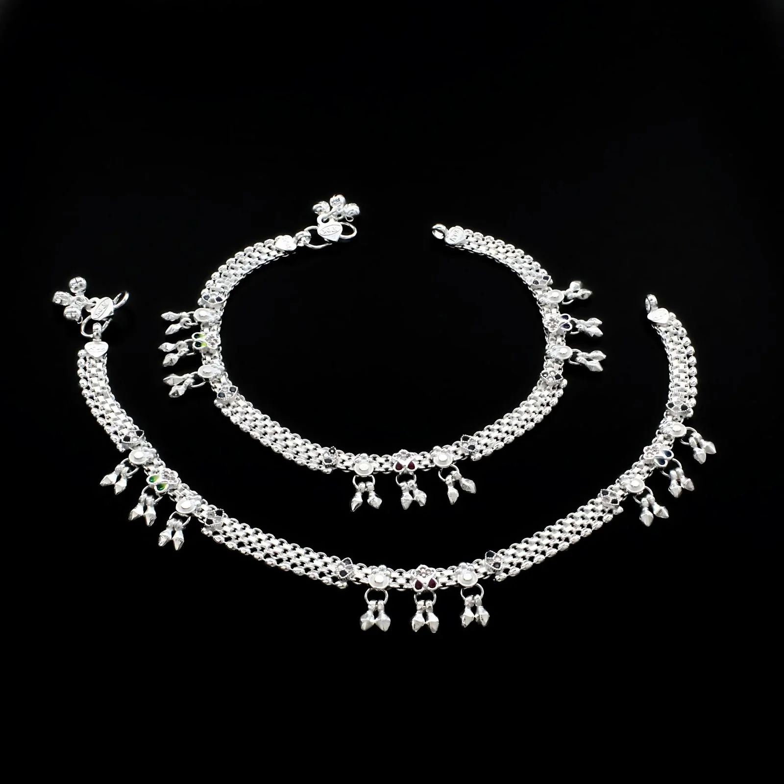 Real Sterling Silver women Multi CZ party wear Anklet Ankle Pair 10.3" - Image 3