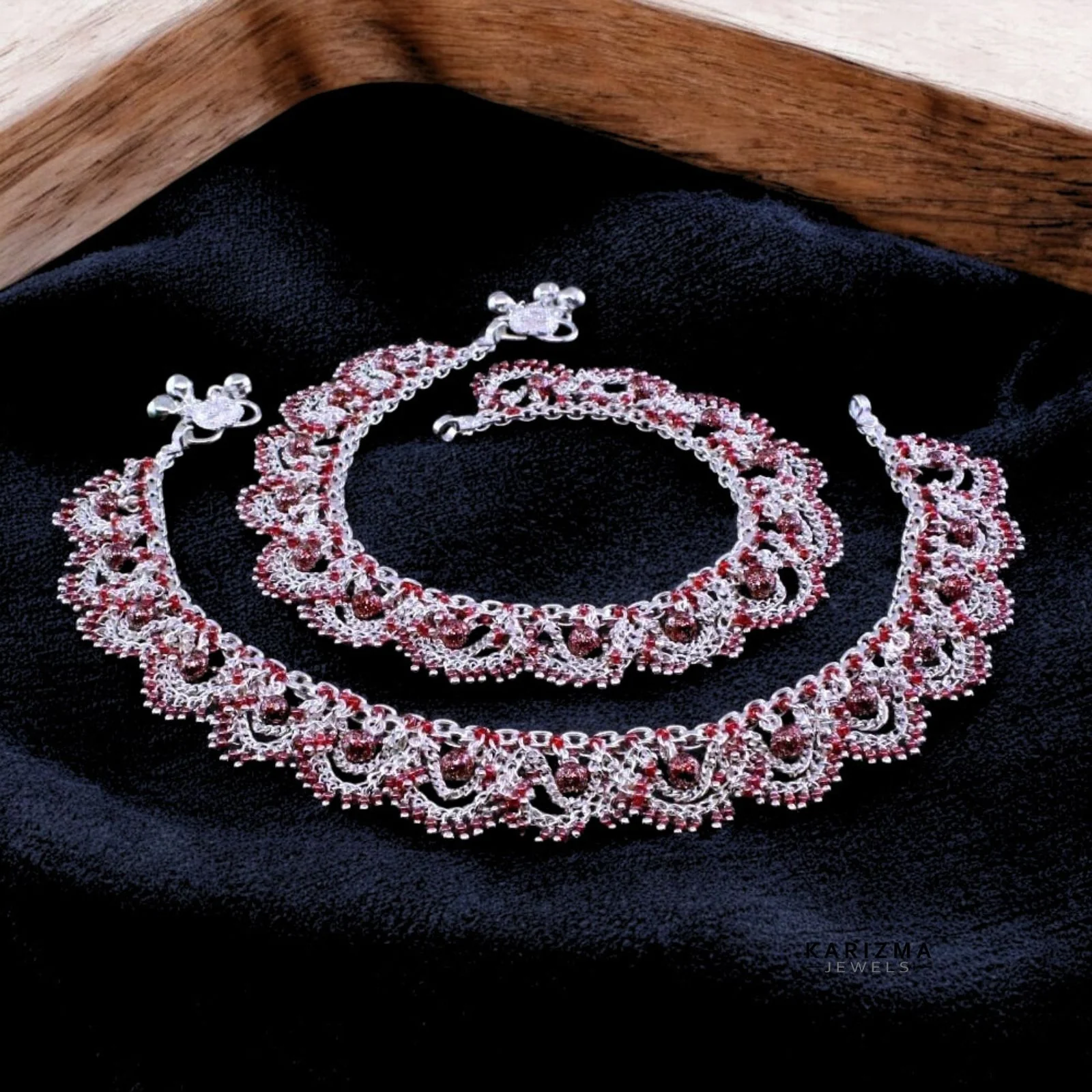 Red Bridal Anklets women Real Silver Jewelry Anklets Ankle Bracelet Pair 10.5"
