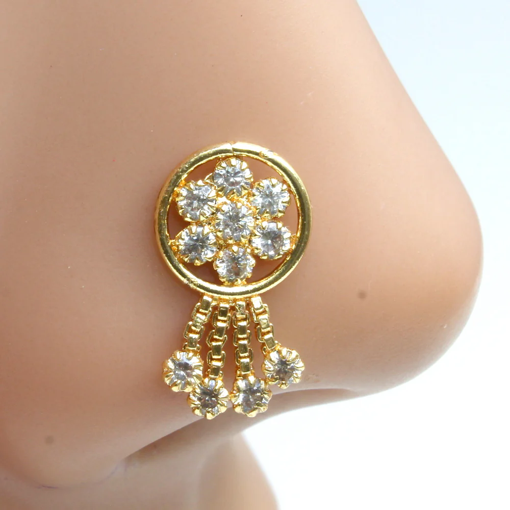 Round white CZ dangle chain nose pin