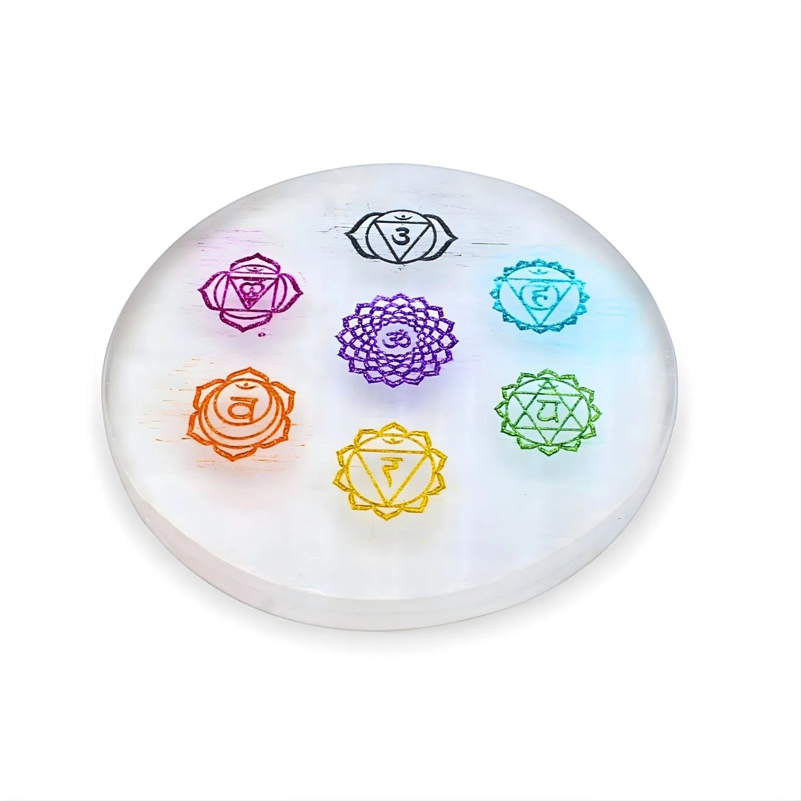 Selenite Seven Chakra Crystal Charging Plate - 3.25 Inch Round - Image 4