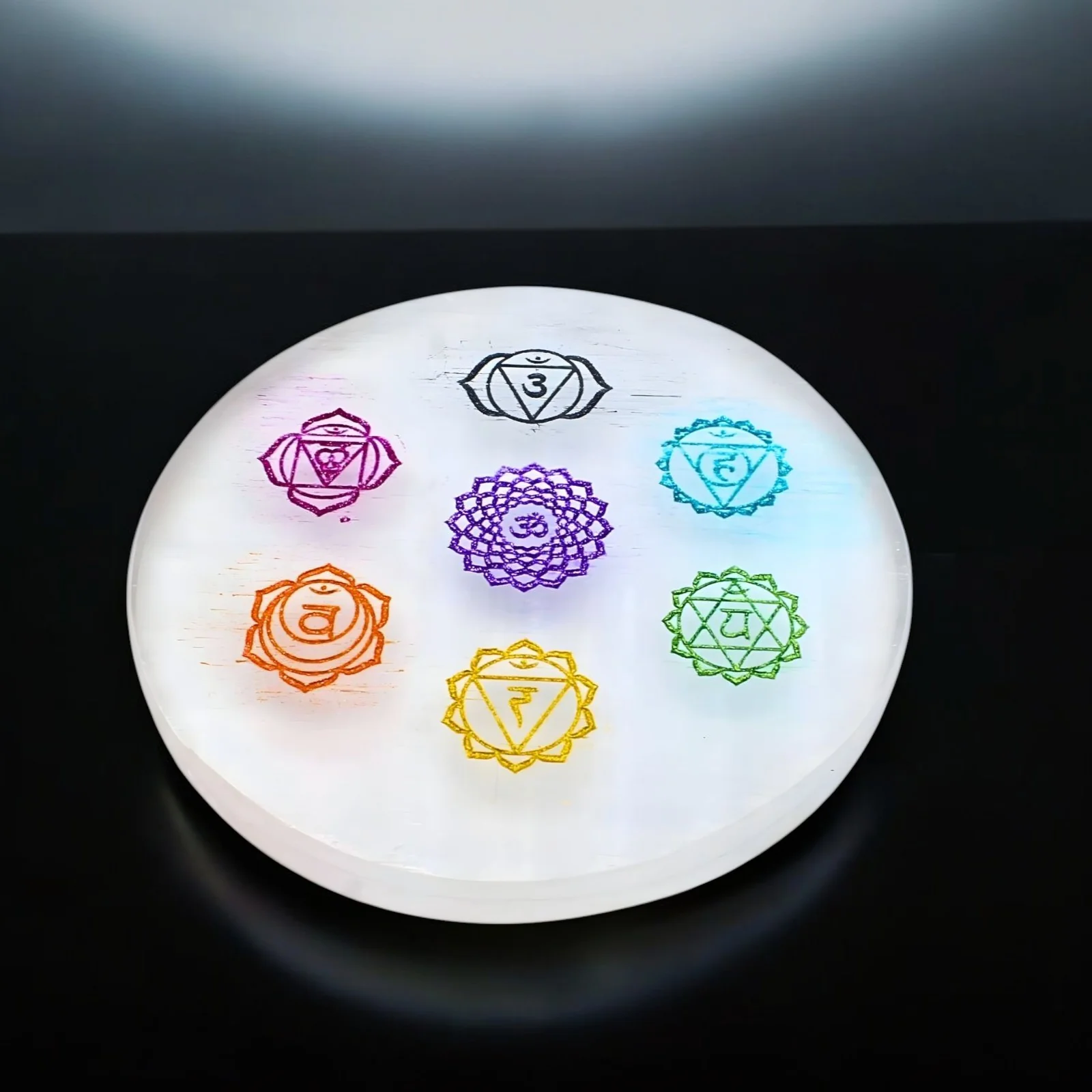 Selenite Seven Chakra Crystal Charging Plate - 3.25 Inch Round - Image 5