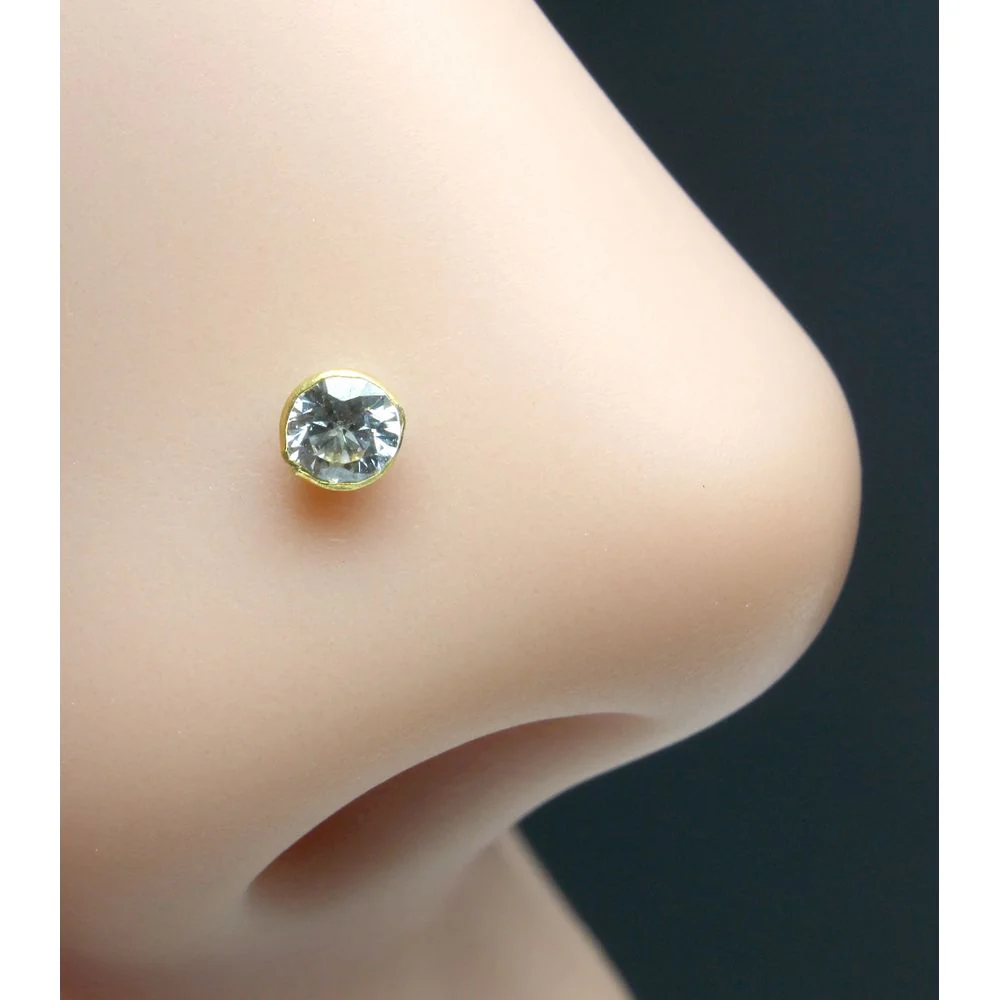 Single stone CZ Piercing Nose Stud Nose Pin Solid 14k Yellow Gold from India