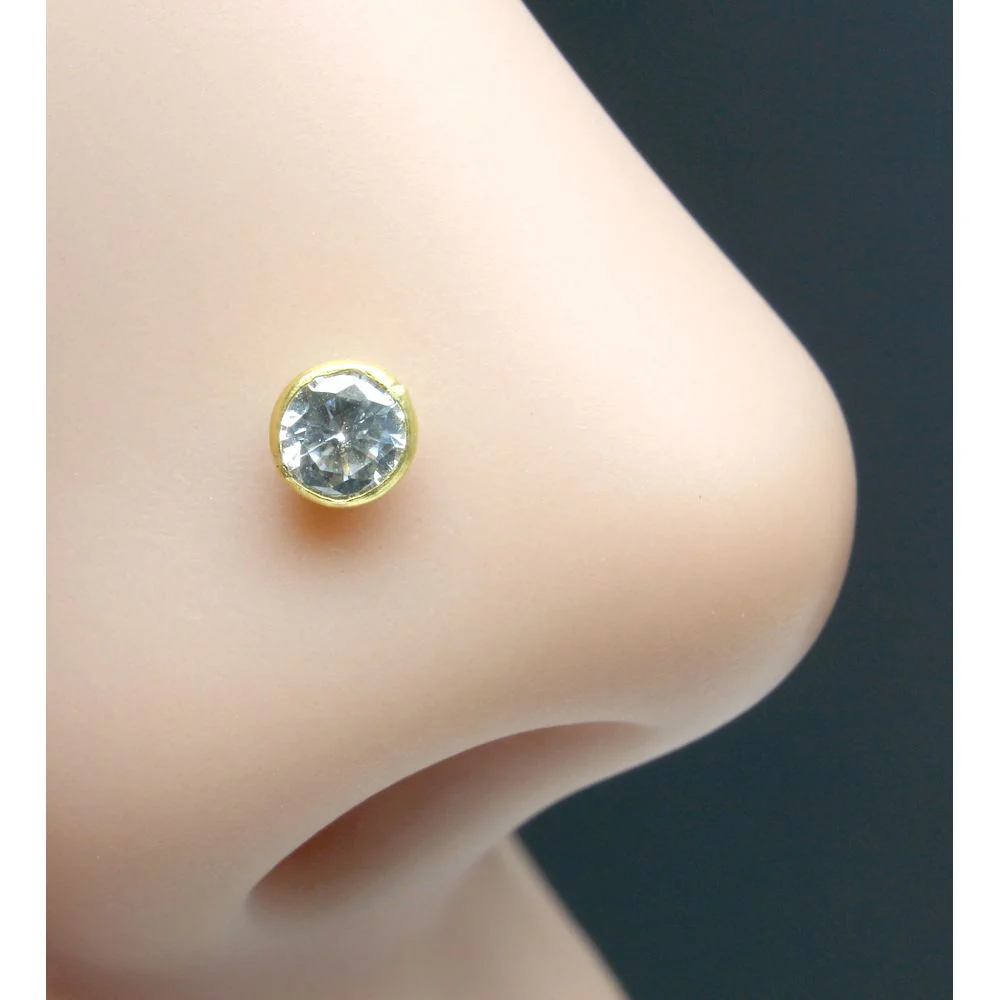 Single stone CZ Piercing Nose Stud Nose Pin Solid 14k Yellow Gold from India