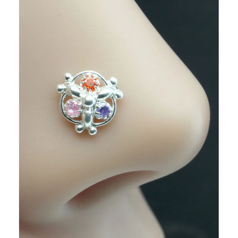 Small Floral Twisted Silver Nose Pin - Image 2
