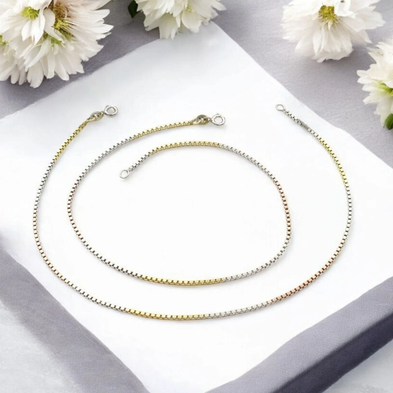 Three tone Girlish 925 Sterling Silver box Chain Anklet Pair 10.3"