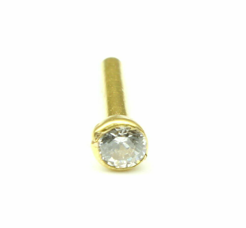 Tiny Single stone CZ Piercing Nose Stud Nose Pin Solid 14k Yellow Gold from India - Image 2