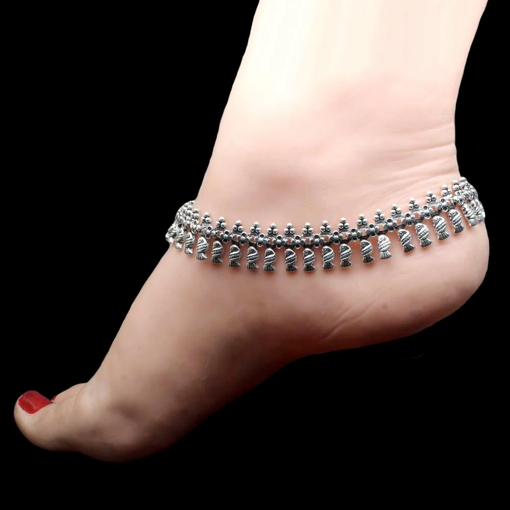 Traditional Bridal Style Real Oxidized 925 Silver Anklets Ankle 10.8" - Image 3