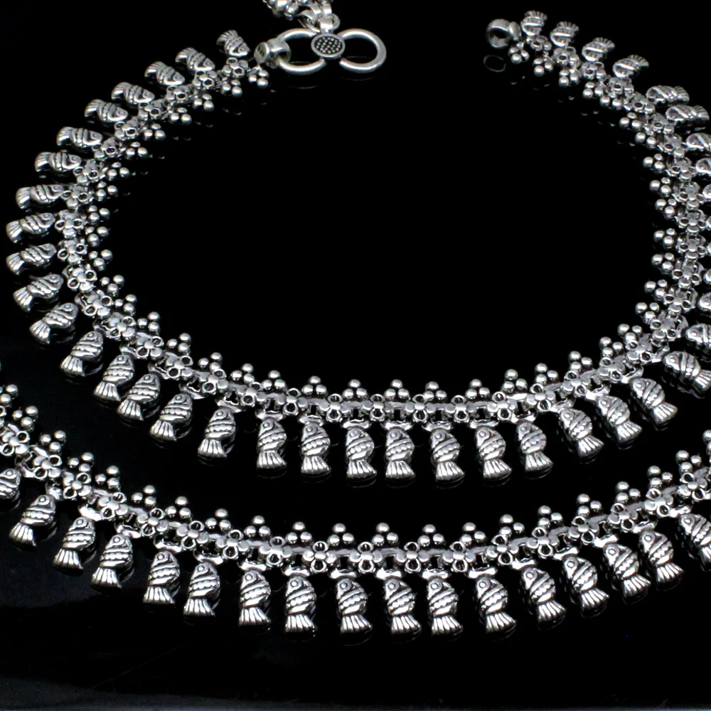 Traditional Bridal Style Real Oxidized 925 Silver Anklets Ankle 10.8" - Image 4