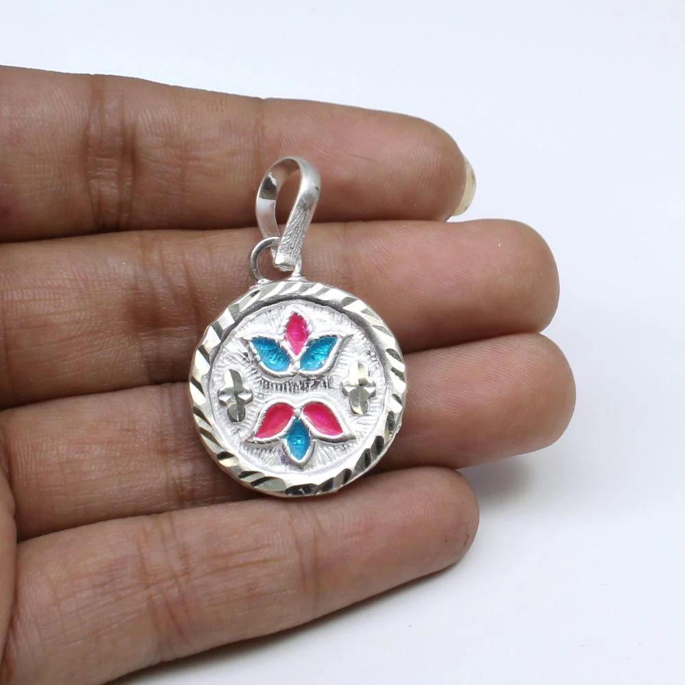 Traditional Indian Embossed enamel sterling silver pendant for women - Image 3