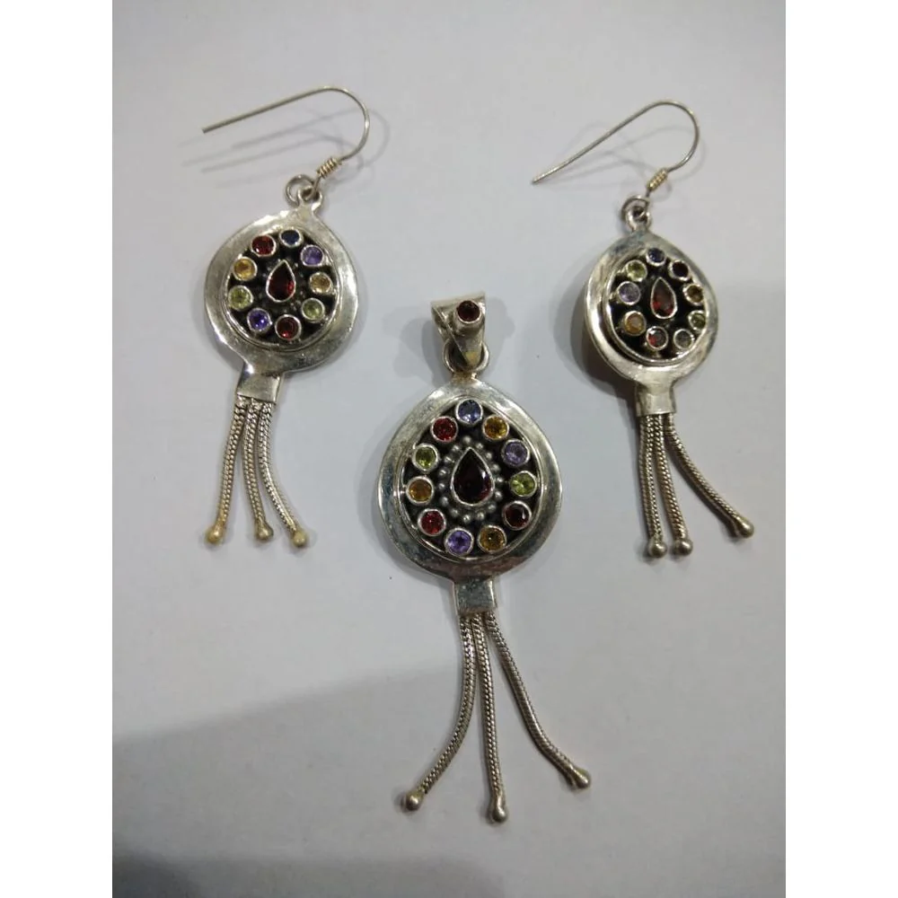 Traditional Sterling Silver Multi gemstones Pendant and earrings set