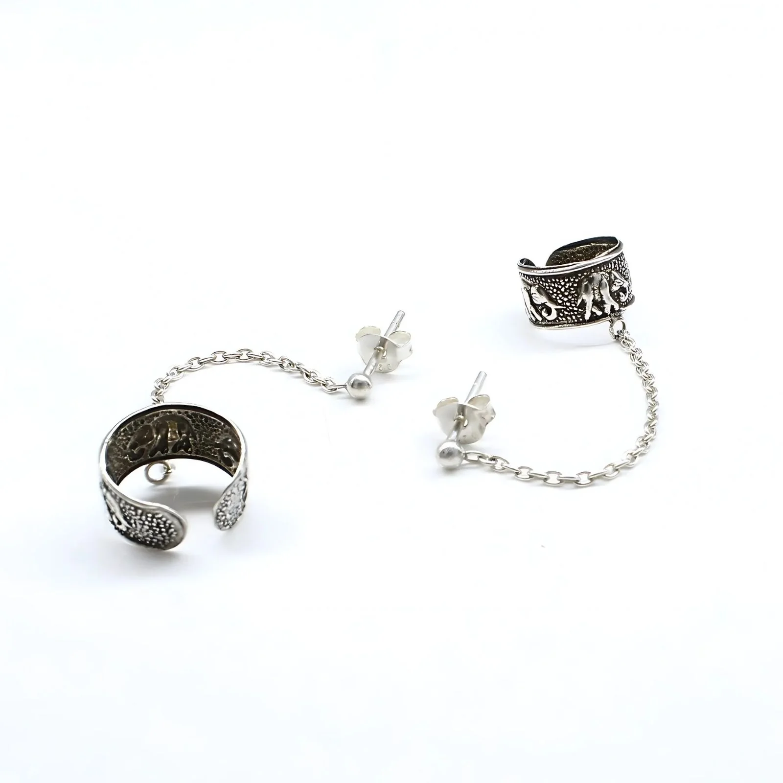 Trendy Real Silver Women Oxidized Ear Cuff With Chain Earrings - Image 4