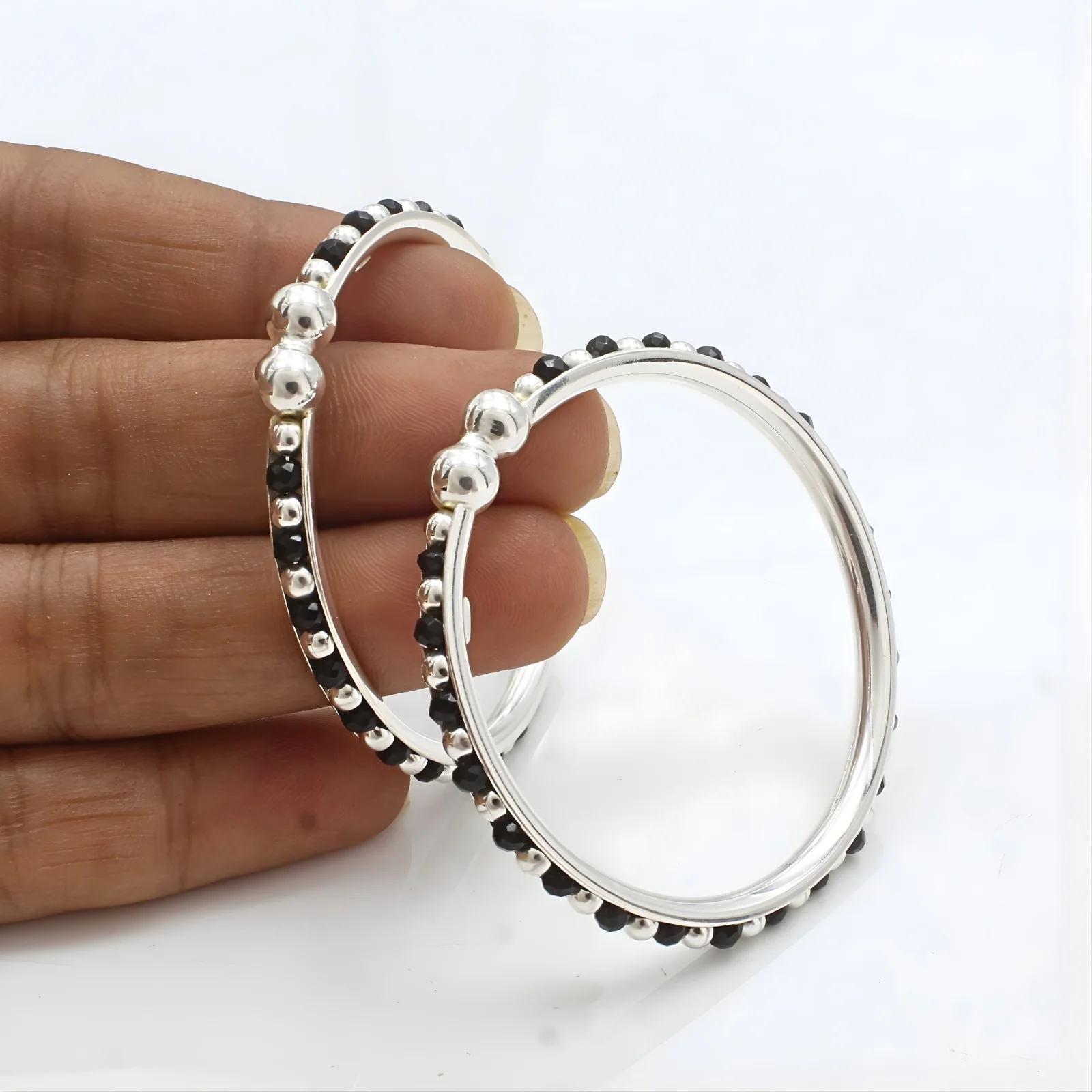 Trendy style 925 Real Silver Black Beads Nazariya kids Bangles Bracelet - Pair - Image 2
